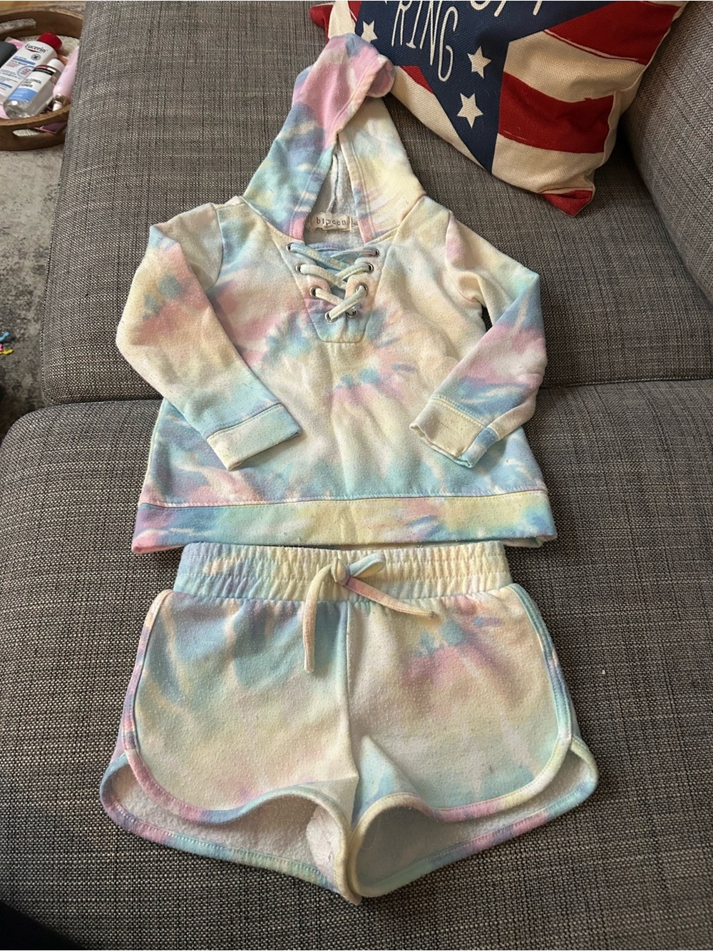 btween Pastel Tie-Dye Hoodie & Shorts Set - Blue, Pink, Yellow